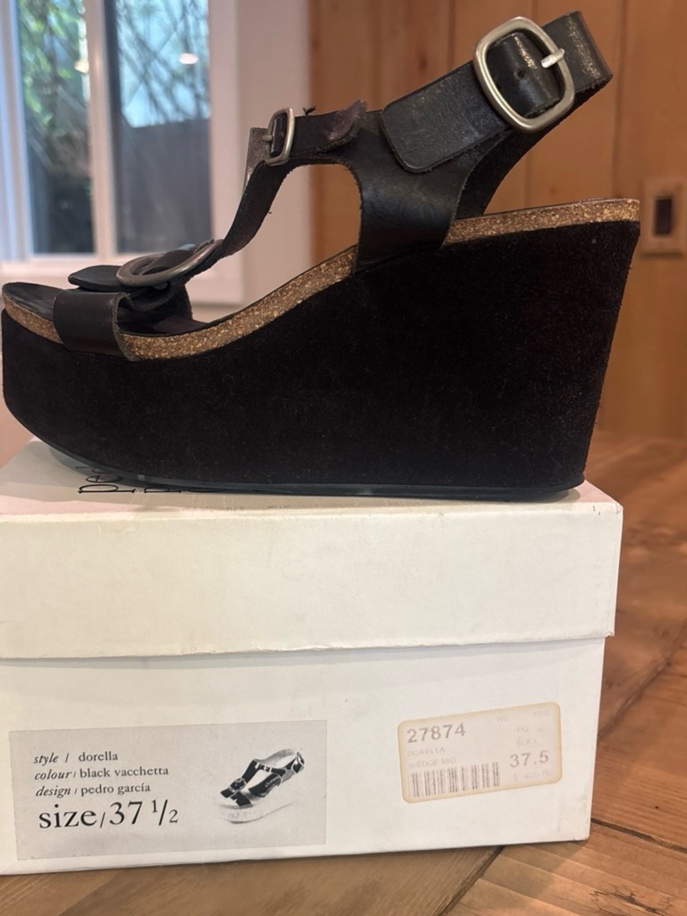 Pedro Garcia Black Suede Platform Wedge Sandals